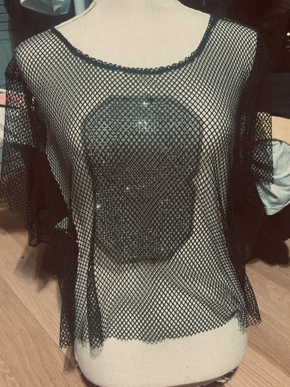 Black Fishnet Crop Top - Women's Layering Mesh Tee